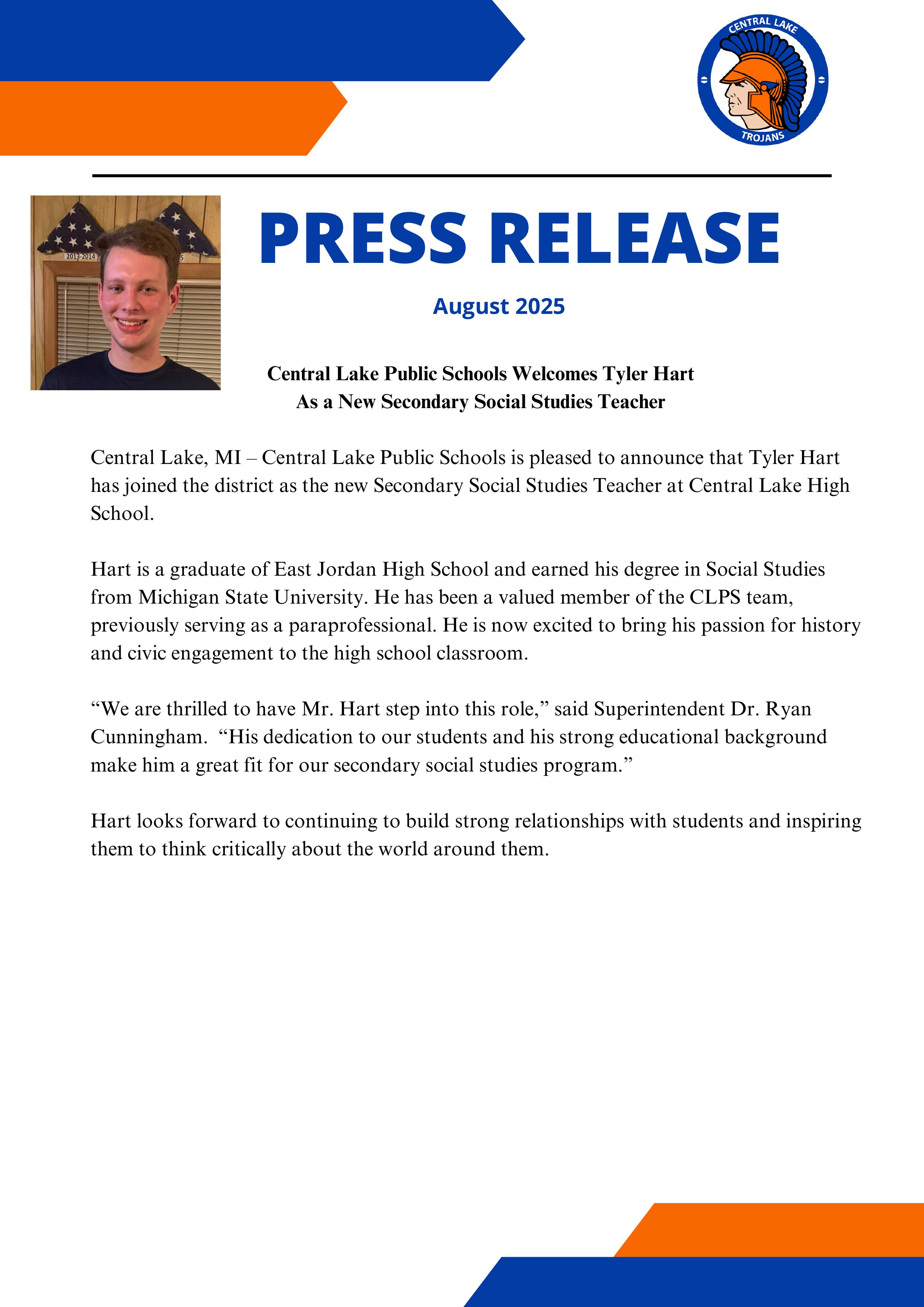 Central Lake Public Schools Welcomes Tyler Hart